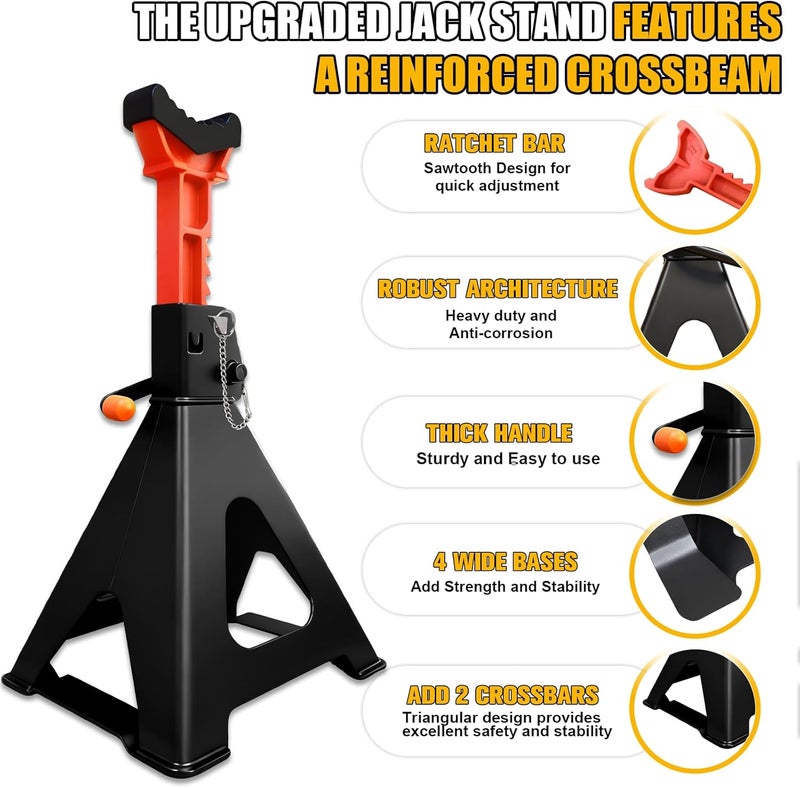 USYATO Upgraded 3 Ton Jack Stands (6,600 LBs) with 2 Crossbars & Double Locking - Heavy Duty Car Jack Stand for Trucks, SUV, Car, UTV/ATV Garage Lifting Tool, 11.61" to 16.34" Height, 1 Pair - Image 4